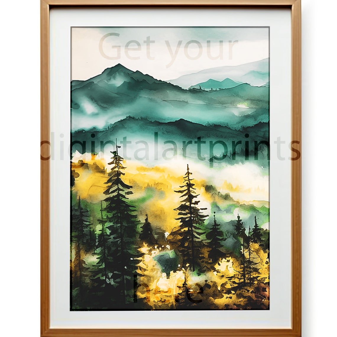 Misty Green Mountain Forest Watercolor Golden Fog Scenic Art Print - Image 3