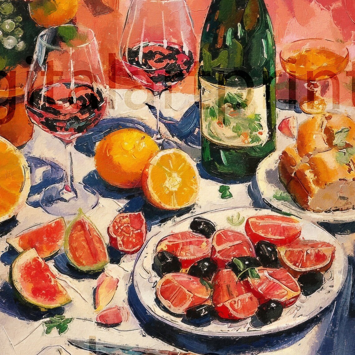 Vibrant Red Wine and Tapas Table Still Life Impressionist Kitchen Poster - Image 3