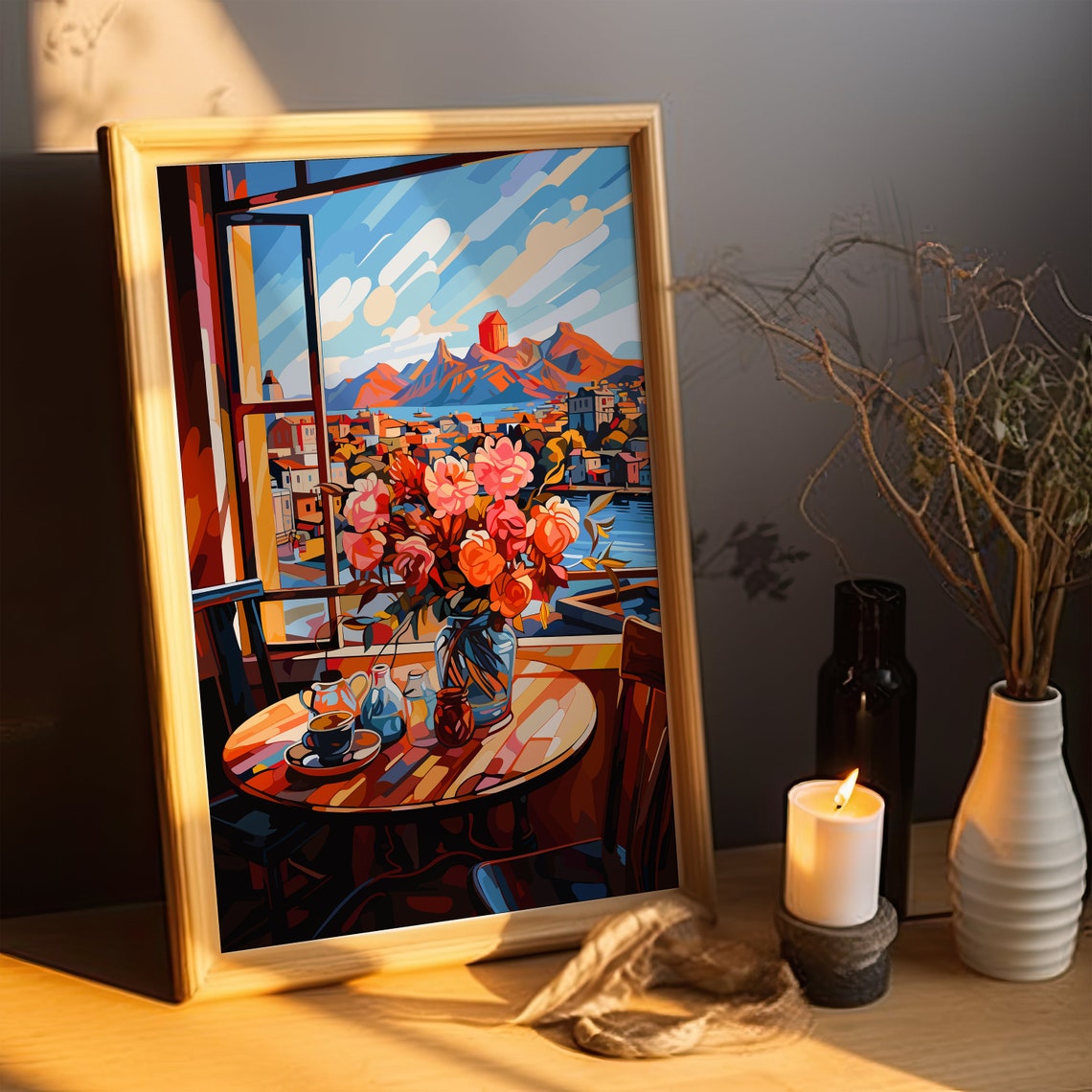 Matisse Style Open Window Flowers Coastal Town View Art Print - Image 2
