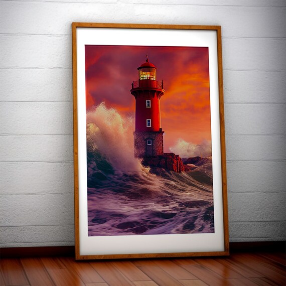 Red Lighthouse Storm Waves Sunset Dramatic Seascape Art Print