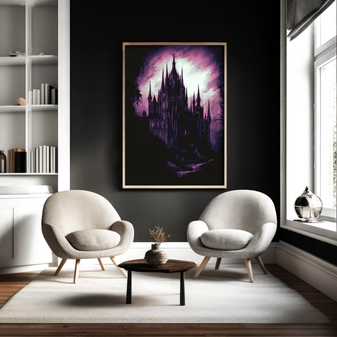 Gothic Purple Castle Silhouette Moonlight Dark Fantasy Wall Art - Image 2