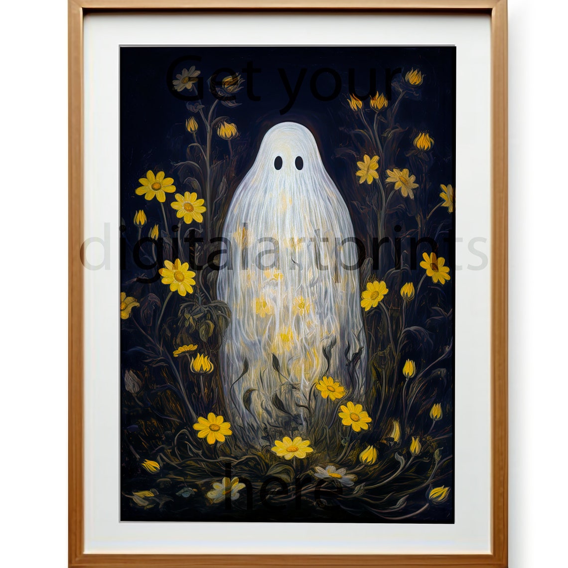 Sweet Ghost Yellow Flower Meadow Dark Night Halloween Poster - Image 3