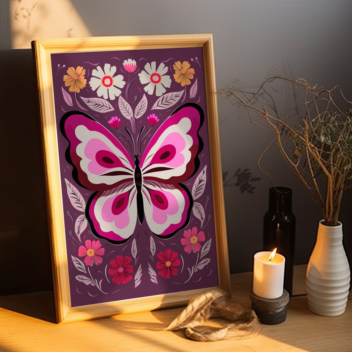 Whimsical Preppy Pink Butterfly Amid Blossoms Elegant Floral Poster - Image 2