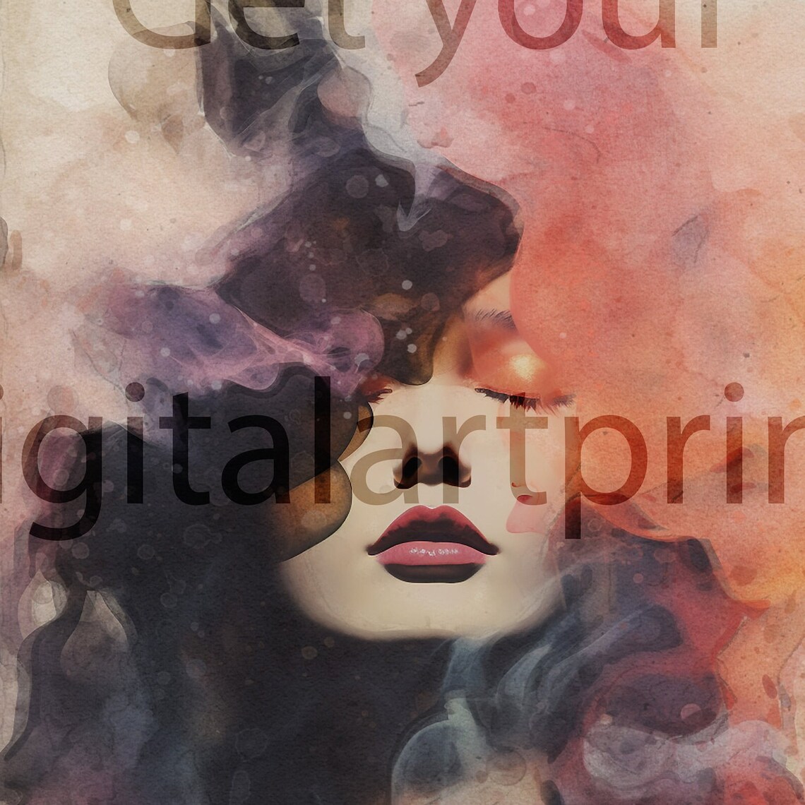 Ethereal Woman Face in Smoky Watercolor Abstract Portrait Art Print - Image 2