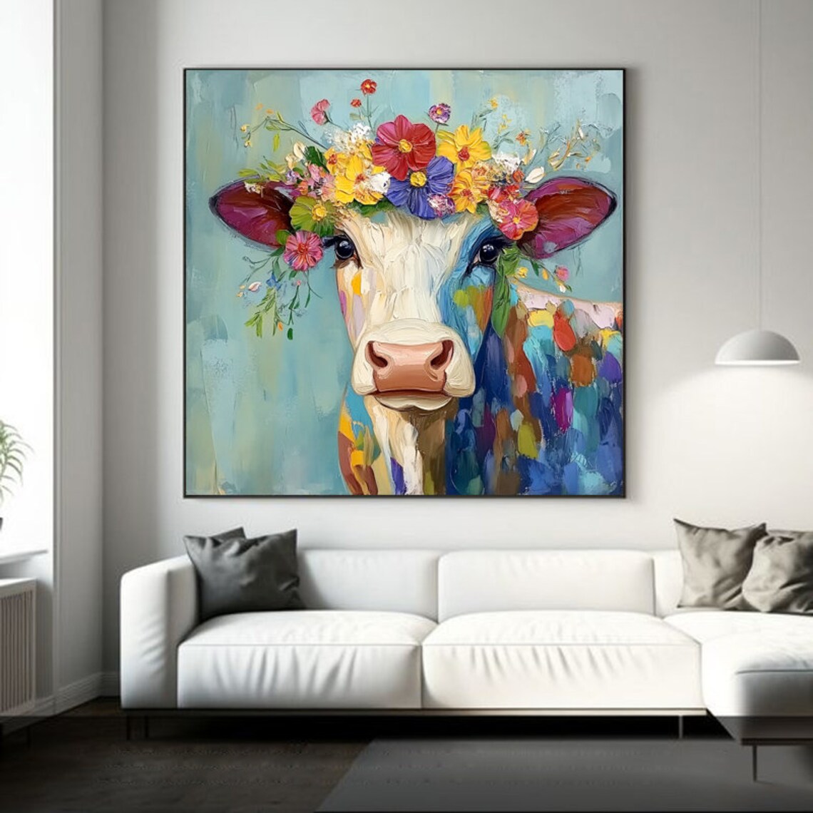 Abstract Floral Cow Oil-Painting Art Print, Living Room - Image 5