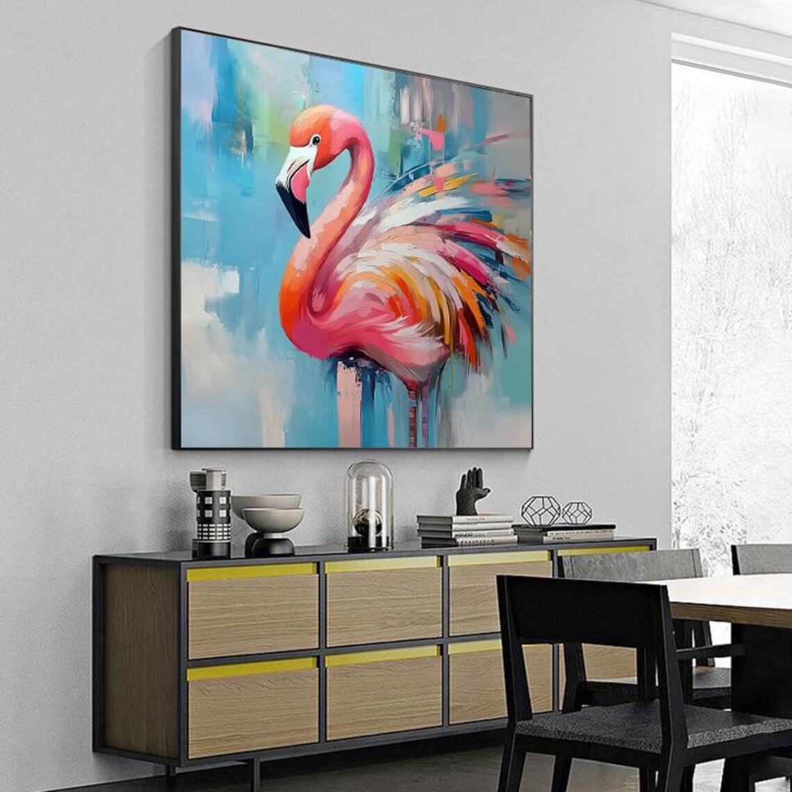 Graceful Pink Flamingo Portrait on Pastel Blue Background Poster - Image 4