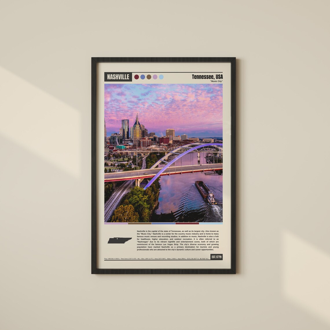 Nashville Tennessee Pink Music City Skyline Sunset Travel Poster