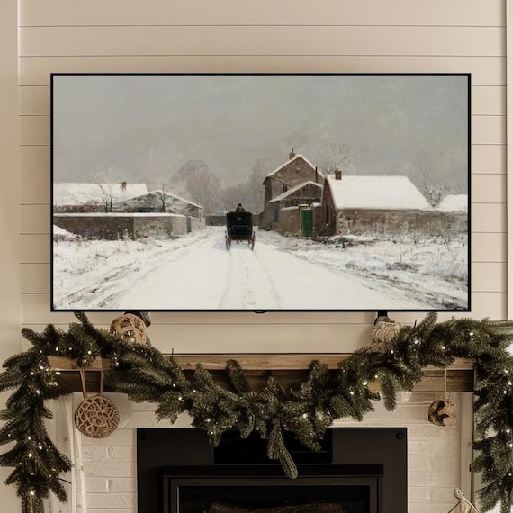 Snowy Village Road Horse Carriage Winter Landscape Oil Painting Art Poster