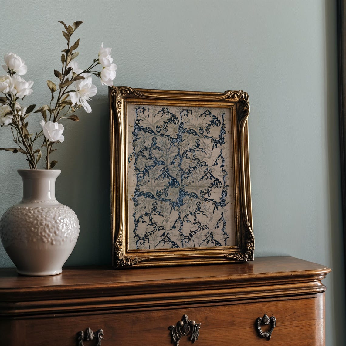 Indigo and Cream Floral Wallpaper Pattern Morris Style Poster - Image 2