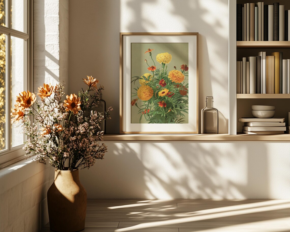 Golden Marigold Bouquet in Vintage Oil Painting Floral Art Poster - Image 6