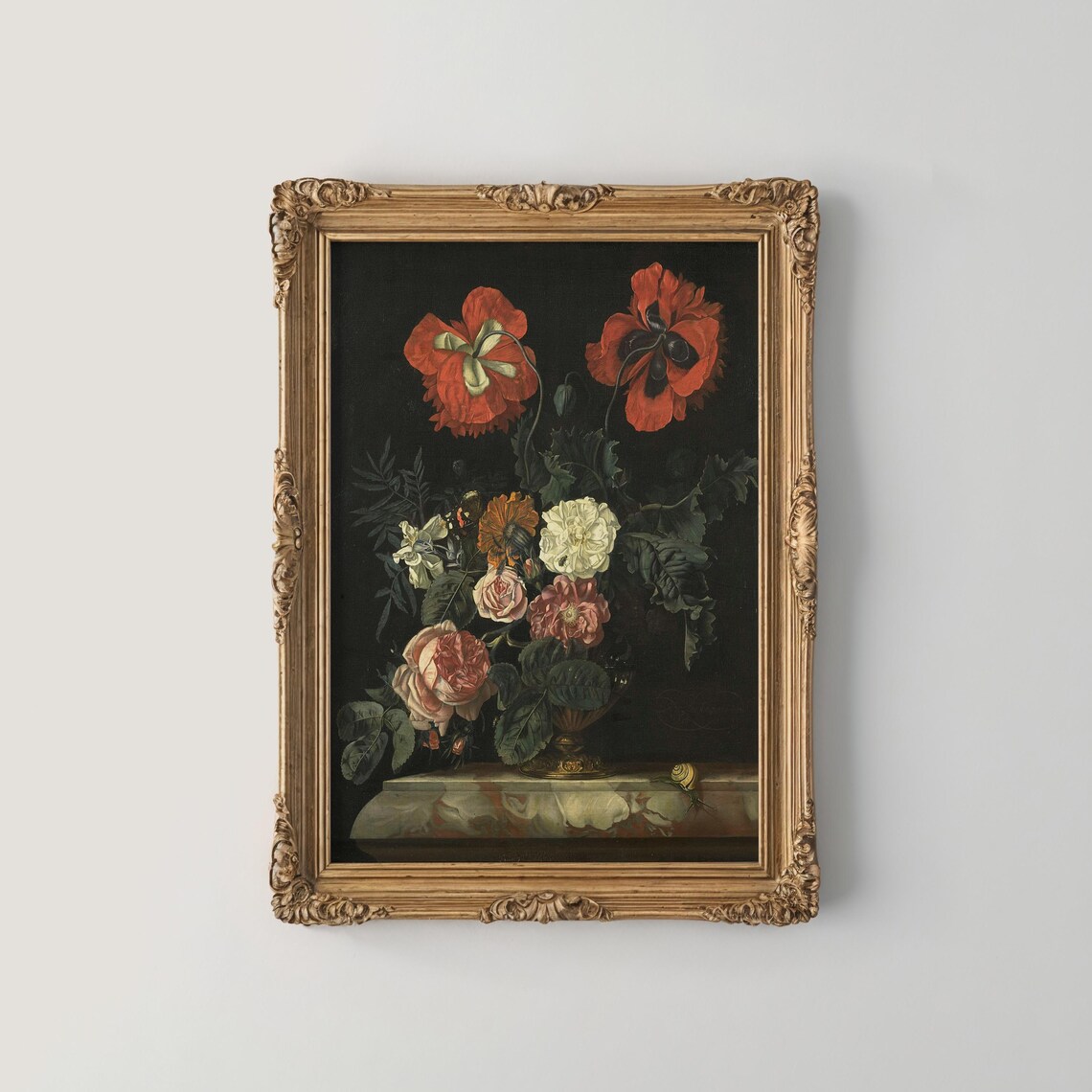 Red Poppies and Roses Dark Vintage Floral Still Life Painting Poster