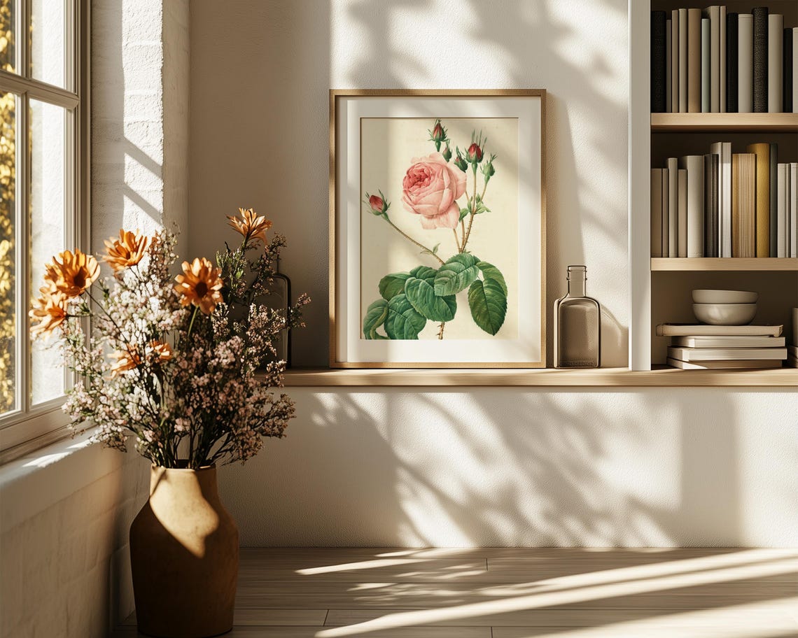 Single Blush Pink Rose Bloom with Buds Vintage Botanical Poster - Image 6