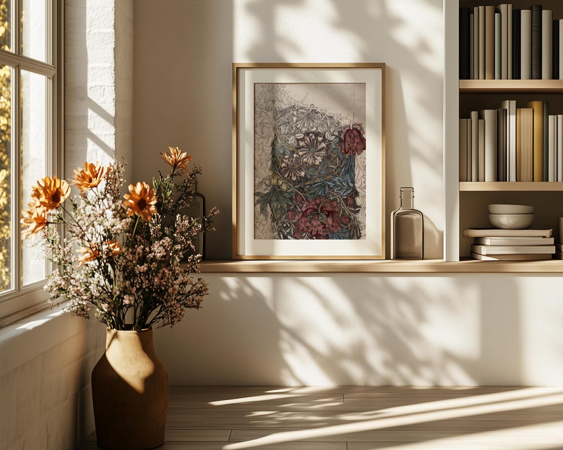 William Morris Style Poppy Honeysuckle Botanical Study Poster - Image 6