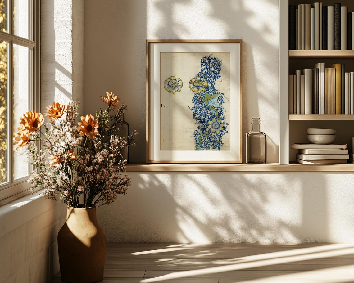 William Morris Style Blue Floral Column Design Study Art Poster - Image 6