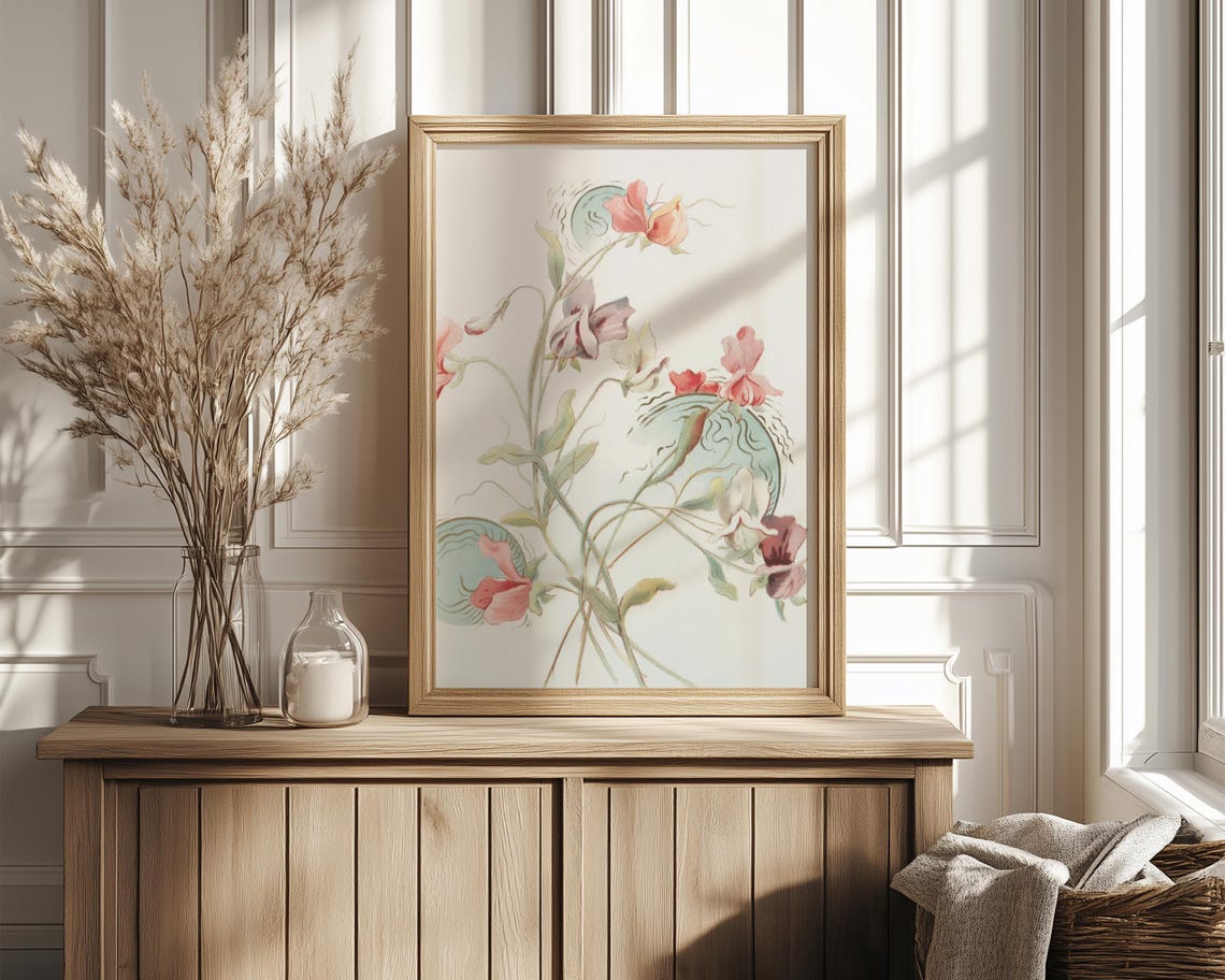 Pink Sweet Pea Blossoms Art Nouveau Decorative Floral Poster - Image 4