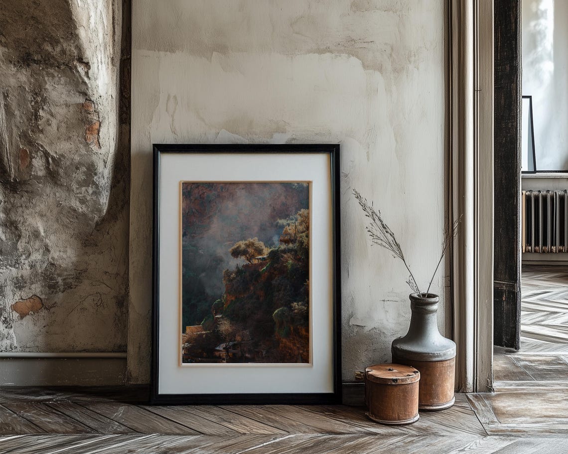 Misty Forested Hillside Village Moody Landscape Photo Poster - Image 3