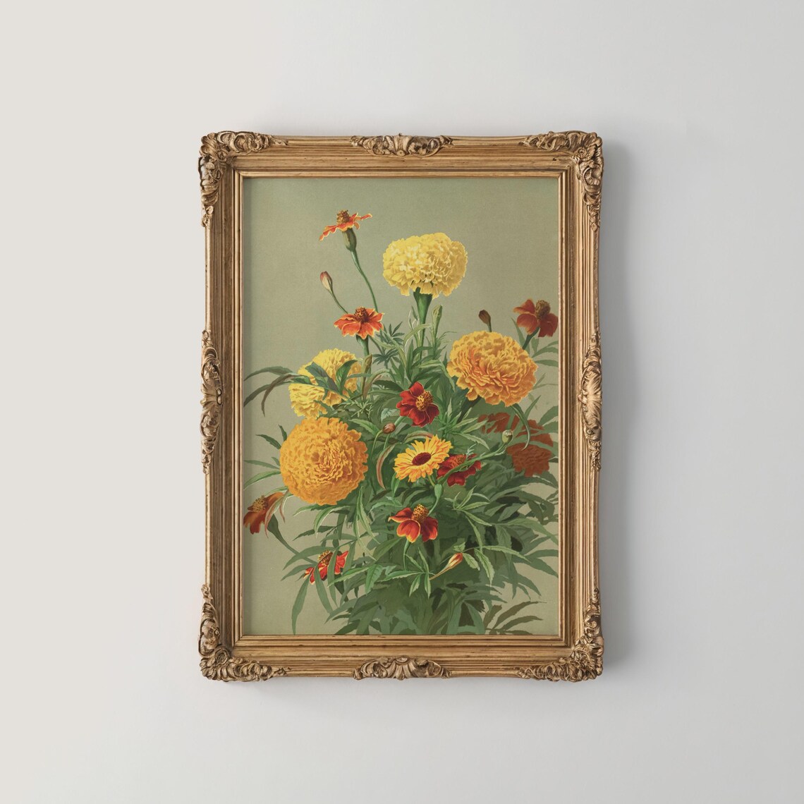 Golden Marigold Bouquet in Vintage Oil Painting Floral Art Poster