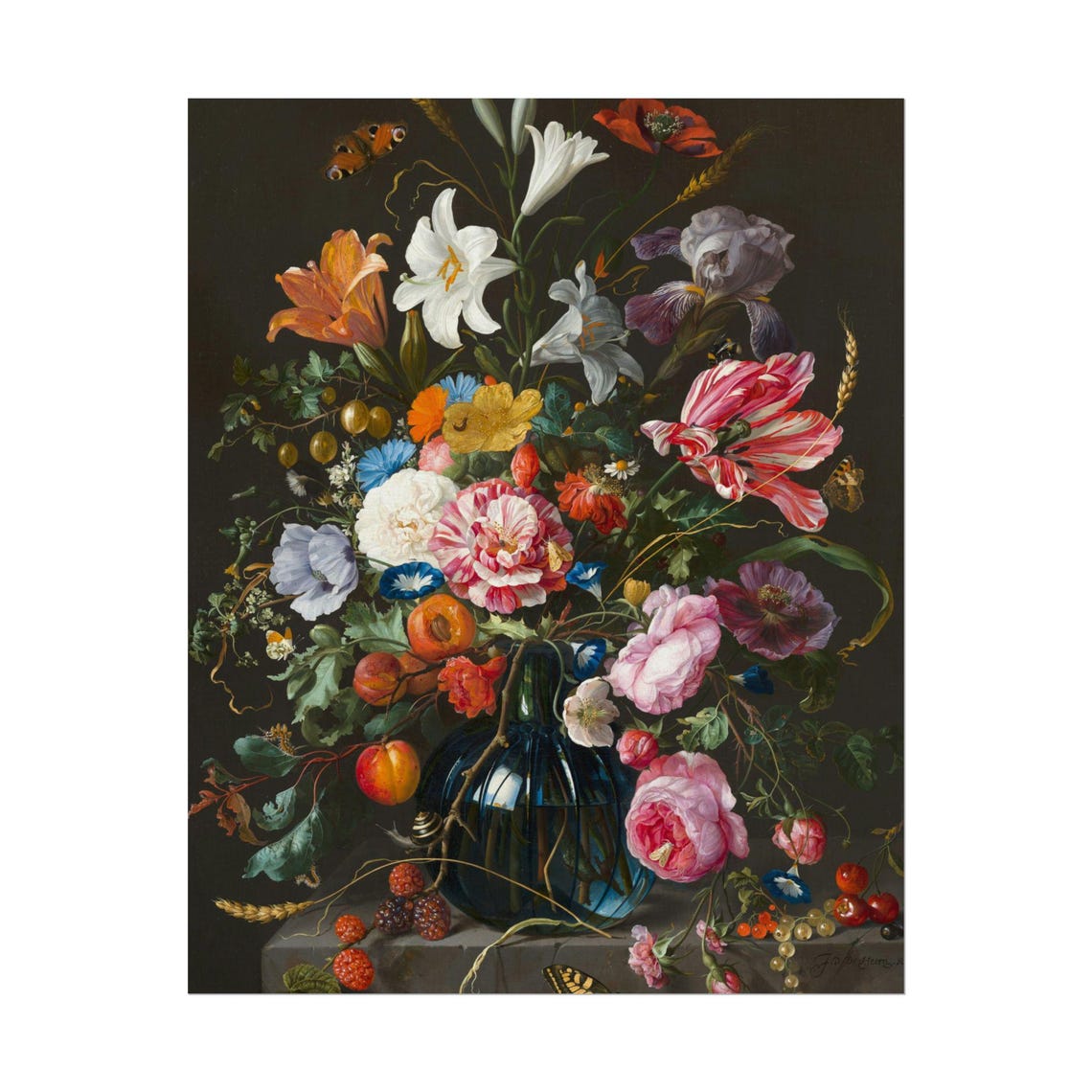 Jan van Huysum Style Bouquet in Blue Glass Vase Floral Art Poster - Image 6