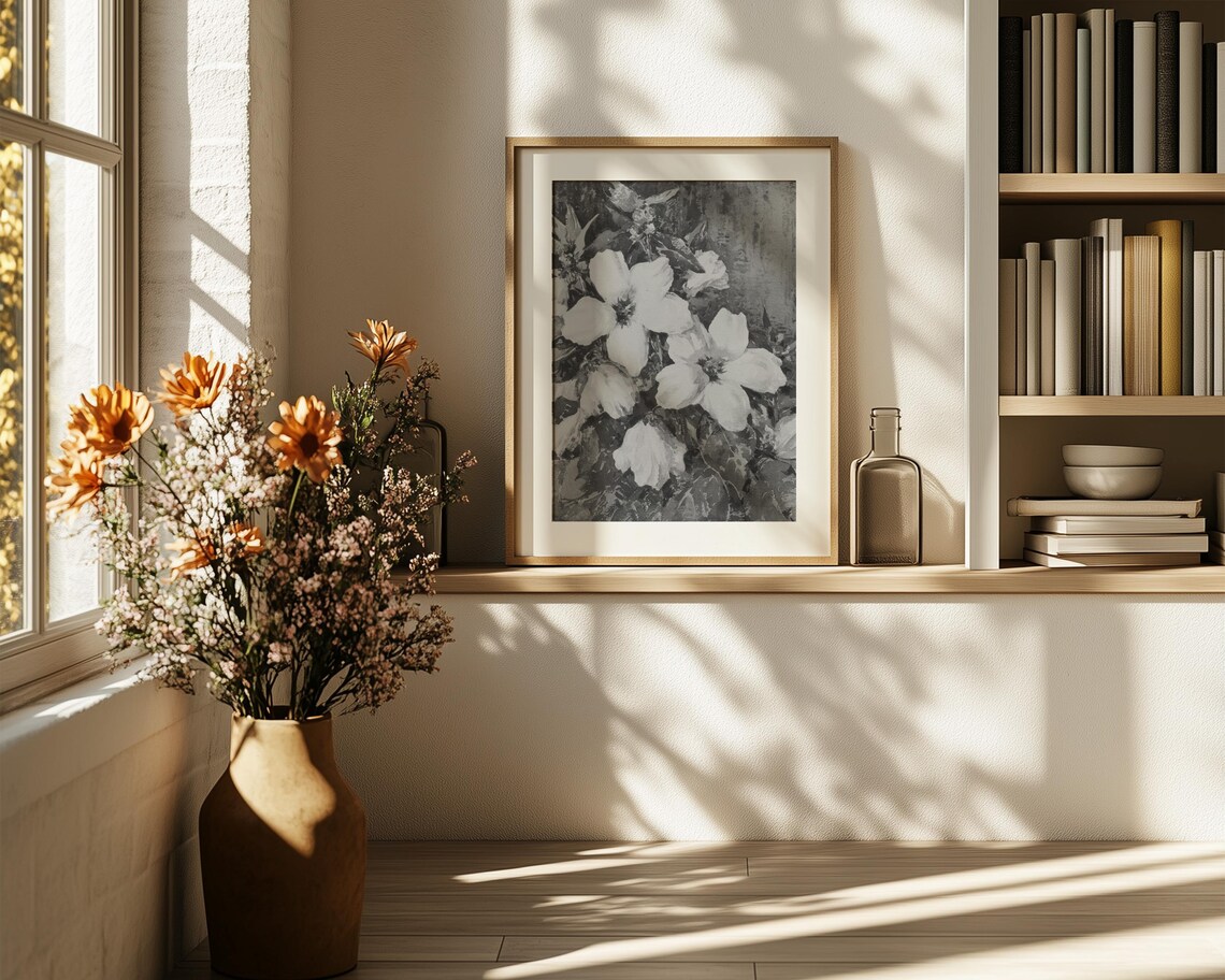 White Poppy Blooms Monochrome Vintage Floral Painting Poster - Image 6
