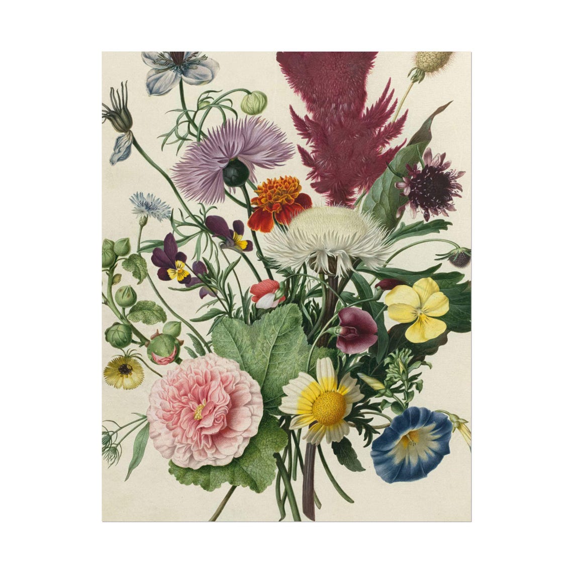 Vintage Botanical Bouquet Celosia Marigold Pansy Cream Floral Poster - Image 4