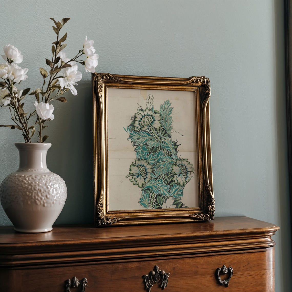 Teal Green Floral Column Design Study Morris Style Art Poster - Image 2
