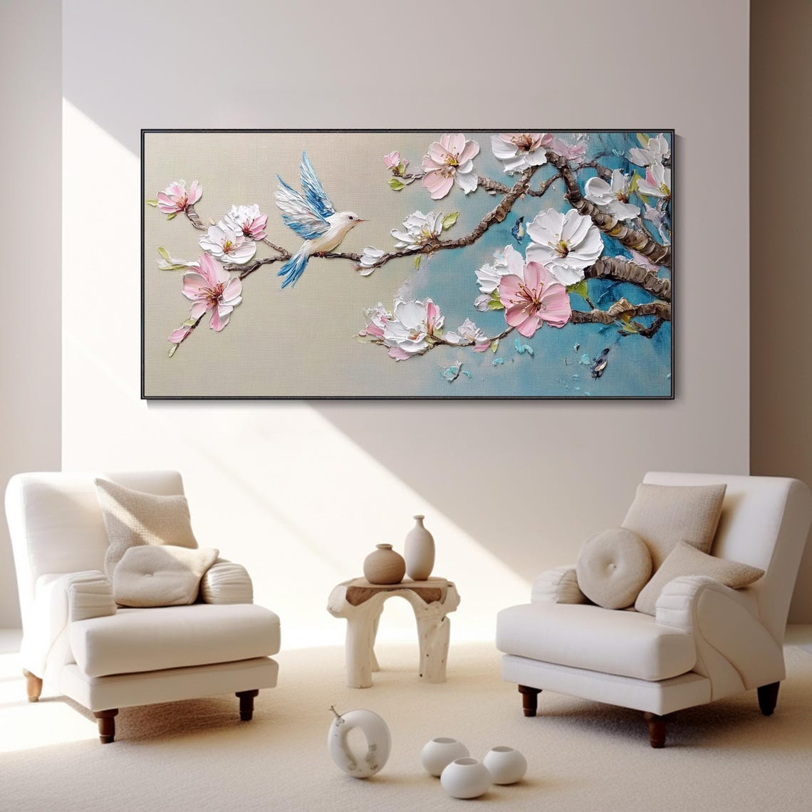 Bluebird on Cherry Blossom Branch 3D Textured Spring Art Poster - Image 4