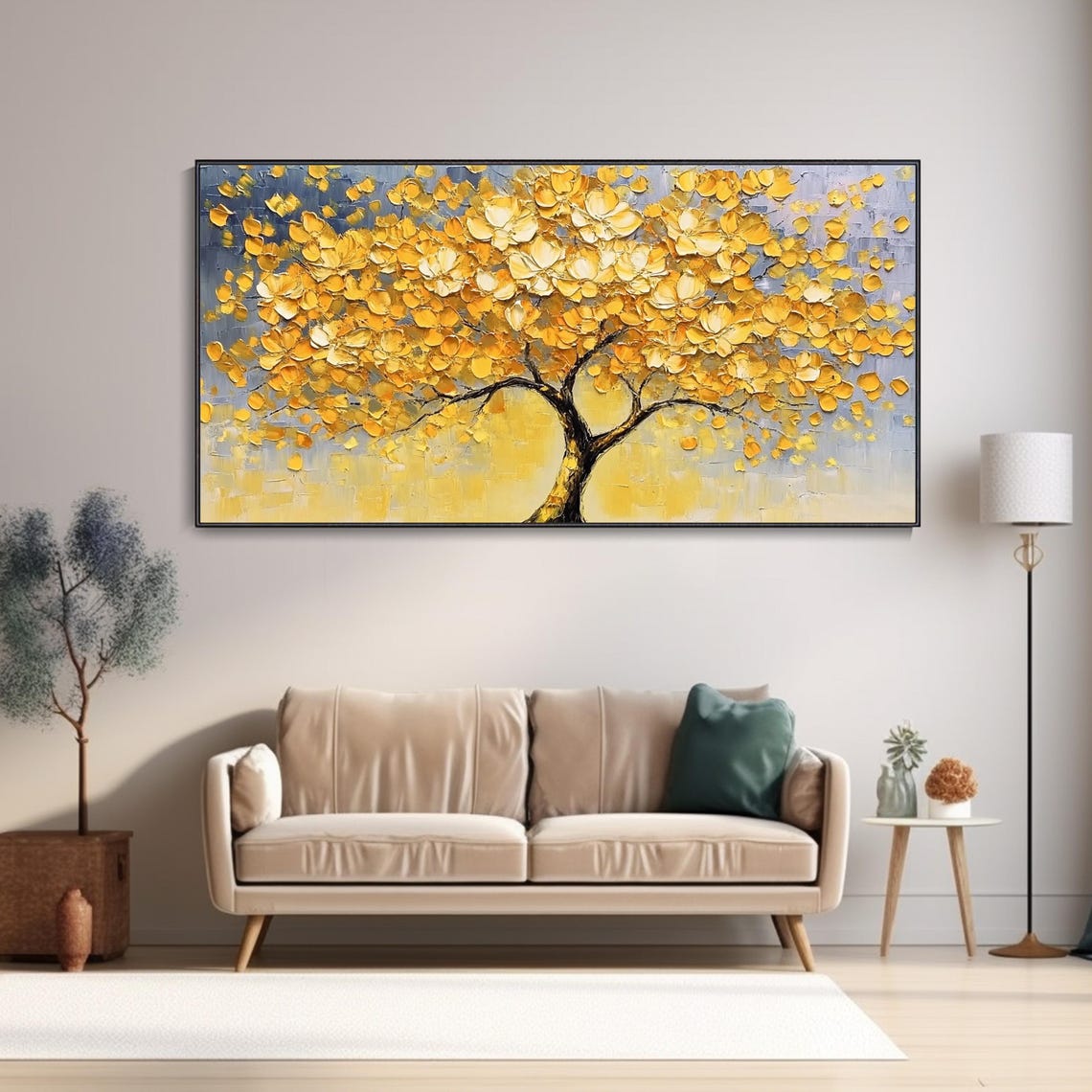 Golden Flower Tree Blossom Thick Texture Panoramic Oil Poster - Image 3