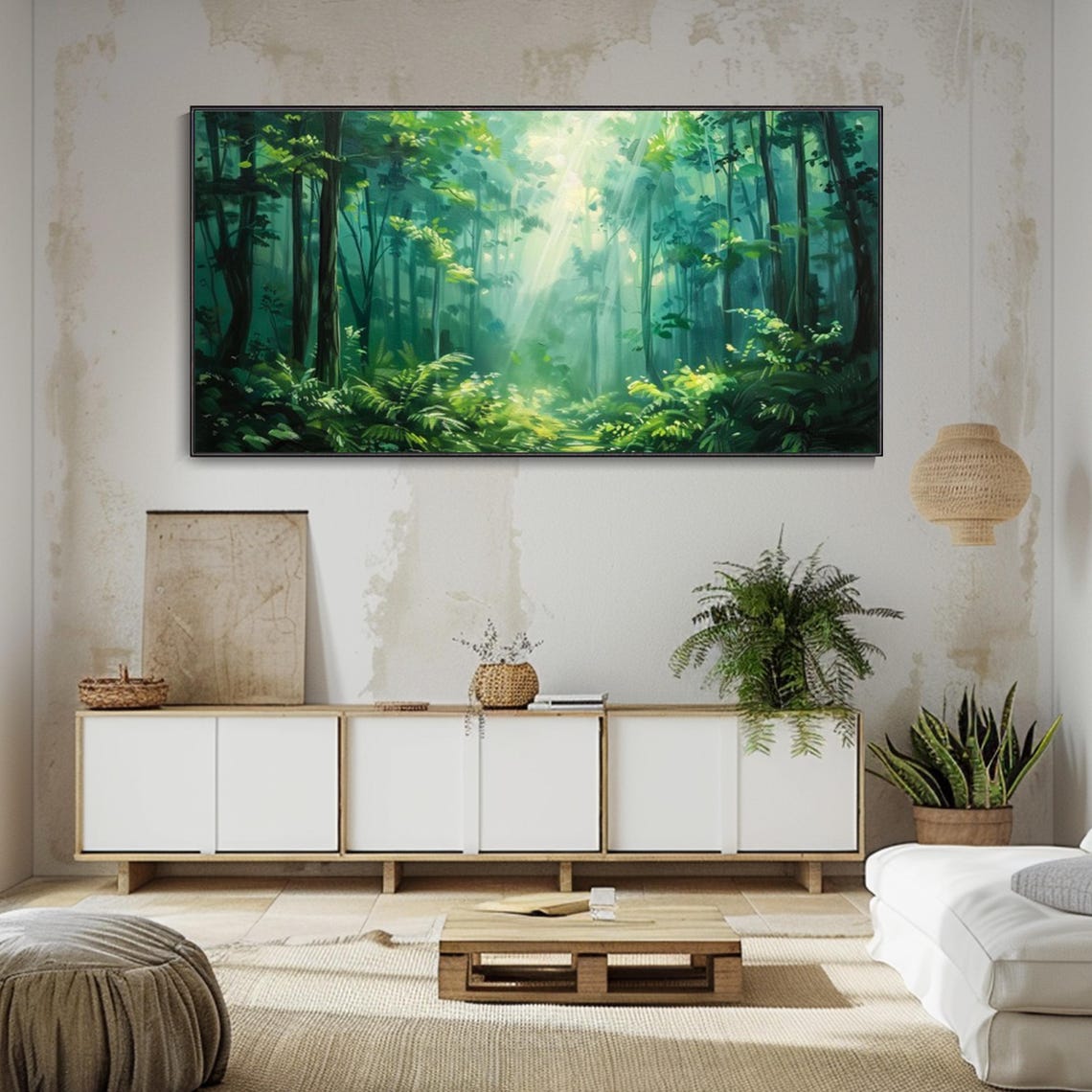 Sunlit Green Forest Light Rays Misty Woodland Nature Art Poster - Image 4