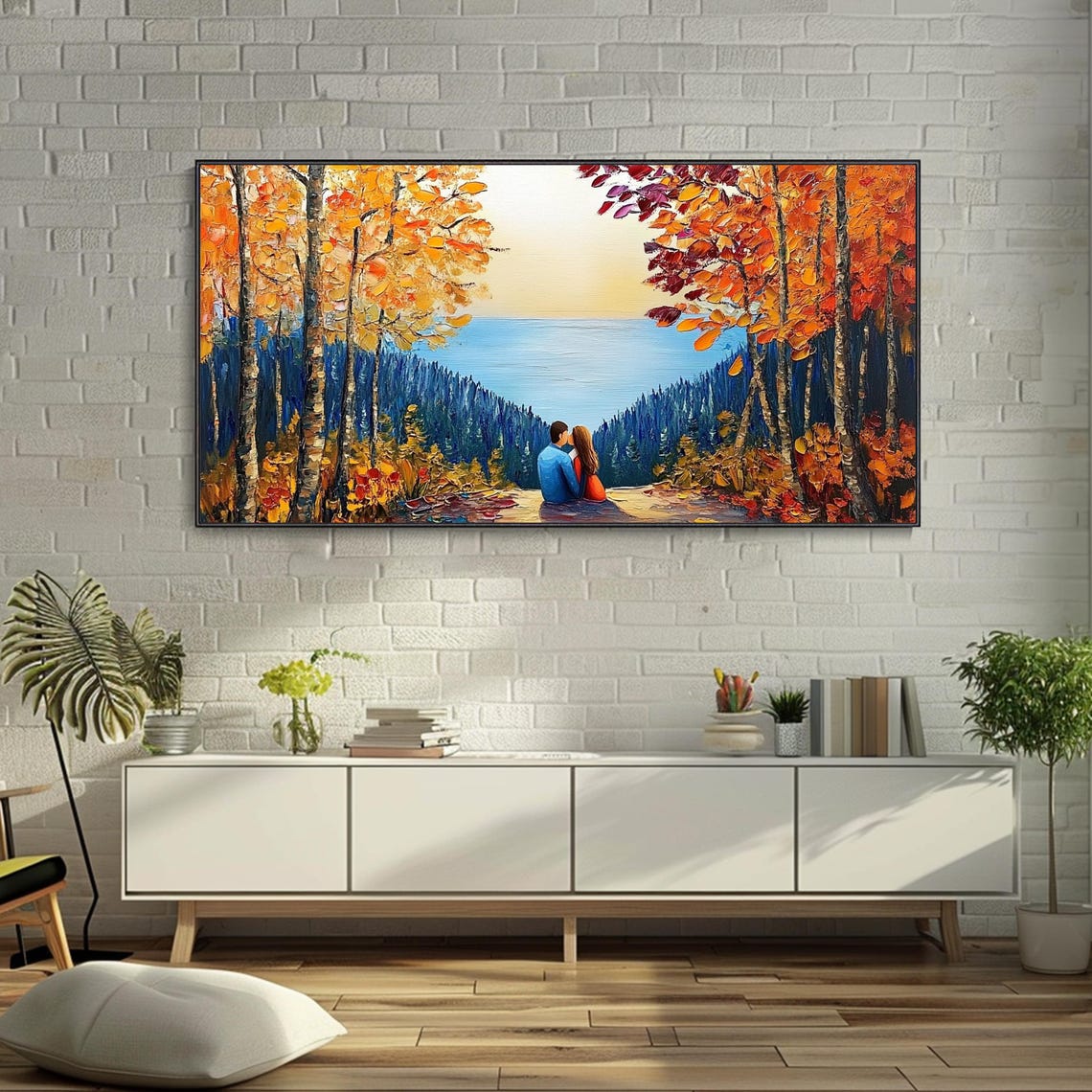 Romantic Couple Overlooking Lake Autumn Forest Painting Poster - Image 3