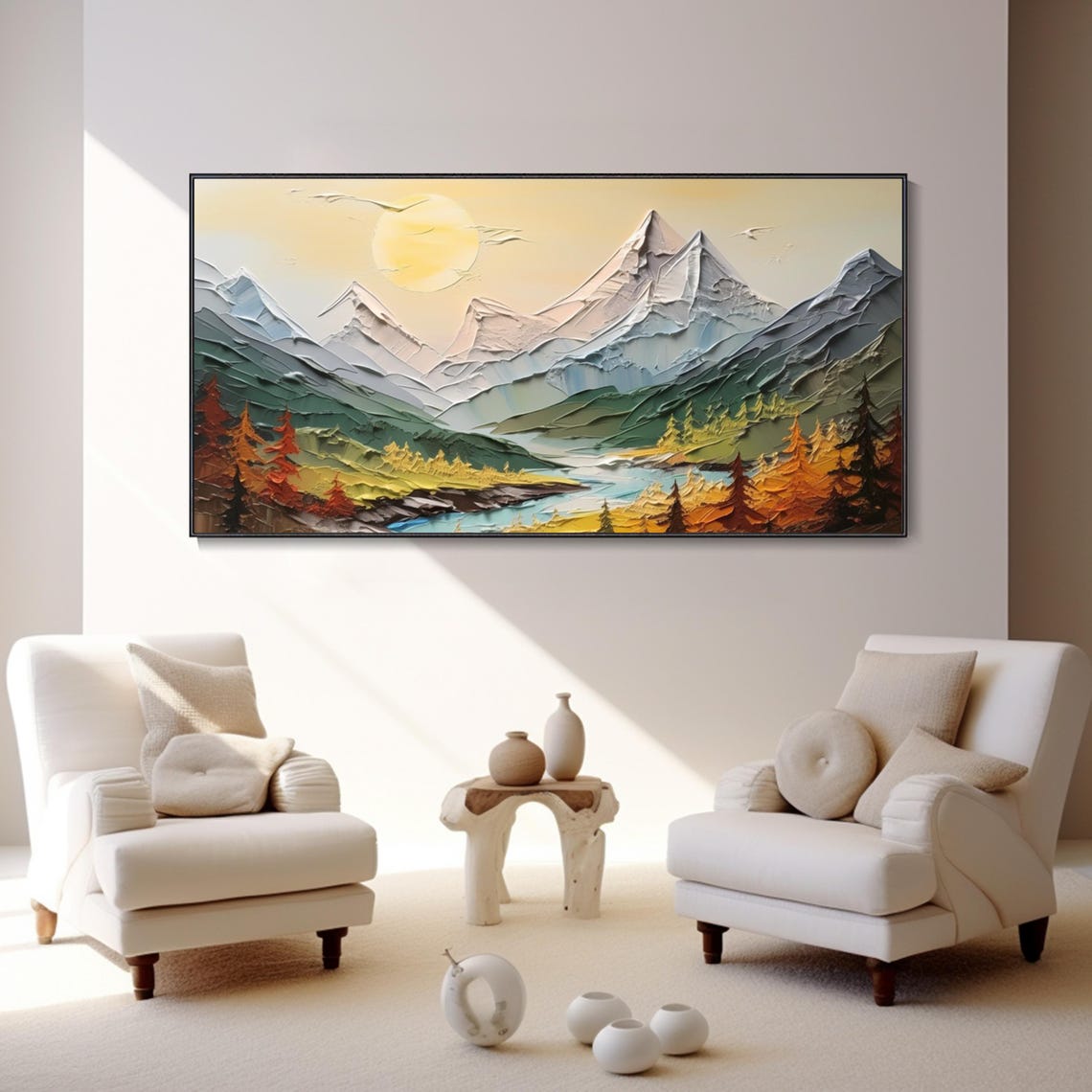 Mountain Sunrise River Valley Autumn Trees Textured Art Poster - Image 4