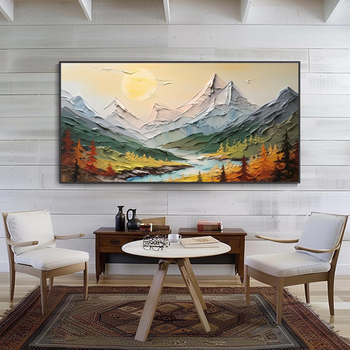 Mountain Sunrise River Valley Autumn Trees Textured Art Poster - Image 2