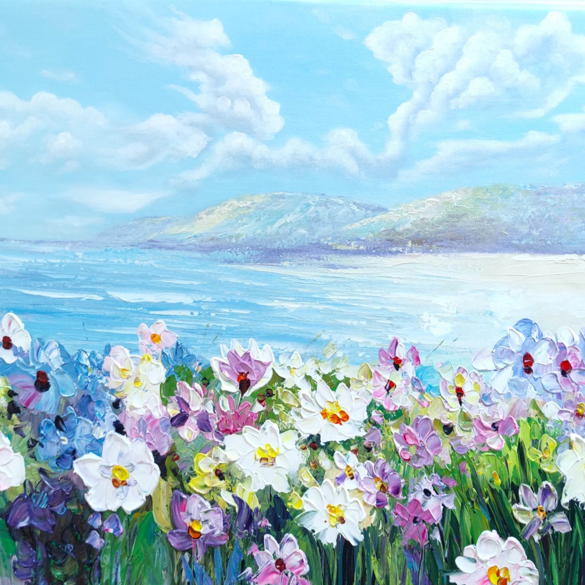 Coastal Wildflower Meadow Daisies Ocean Hills Landscape Poster - Image 3