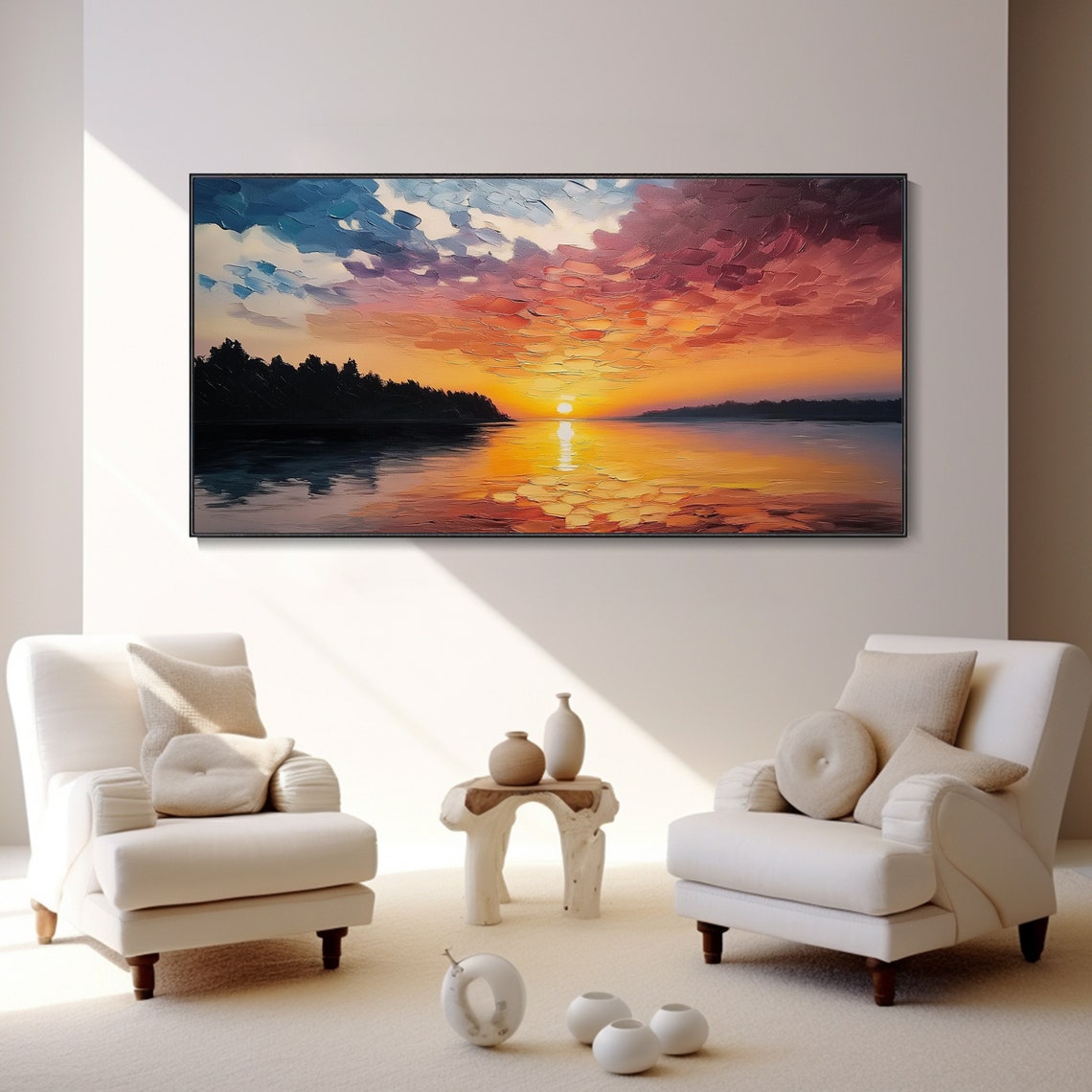 Golden Lake Sunset Reflection Palette Knife Oil Painting Poster - Image 2