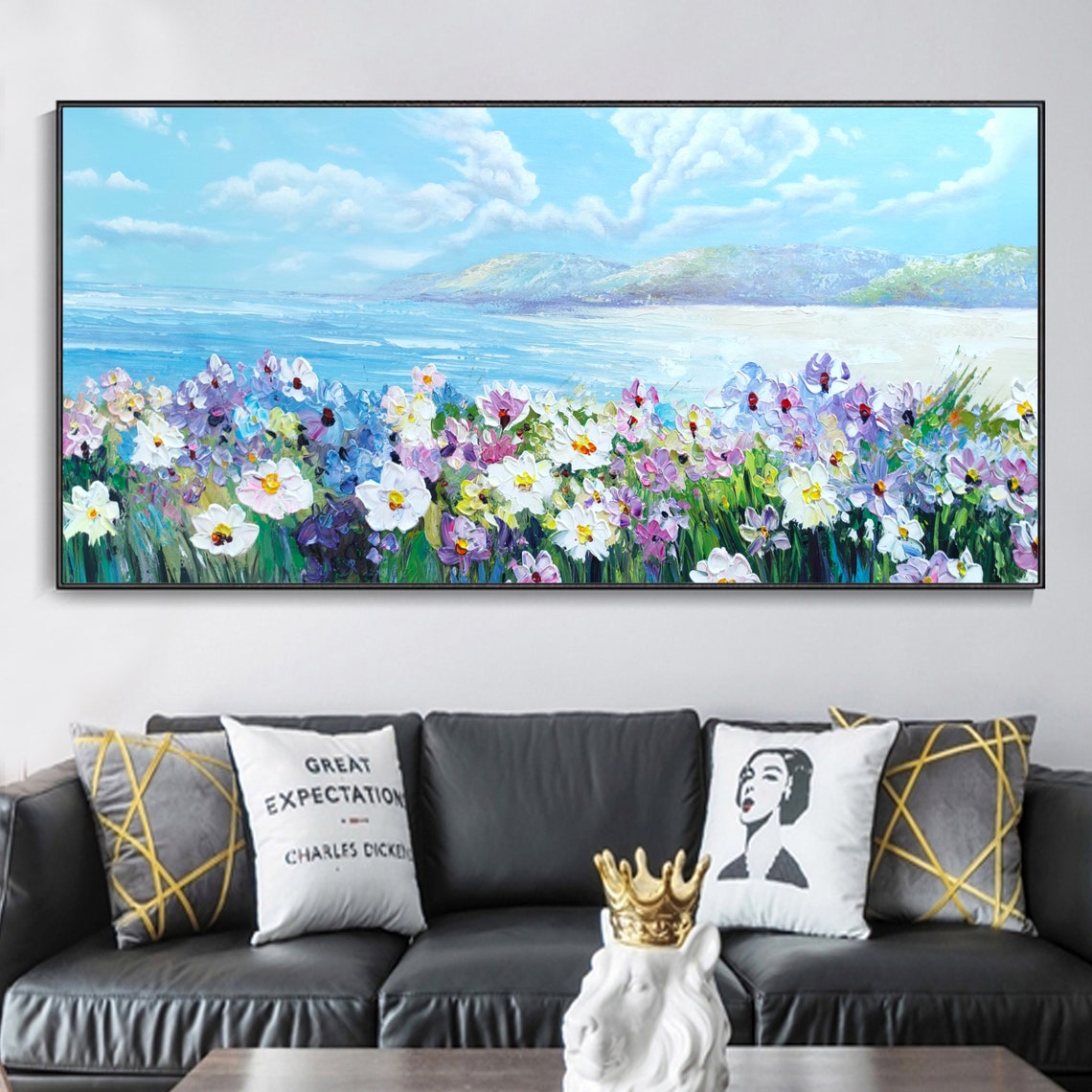 Coastal Wildflower Meadow Daisies Ocean Hills Landscape Poster - Image 2