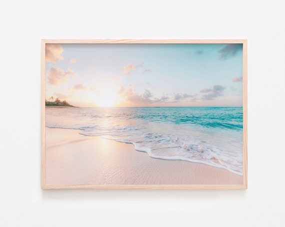 Pastel Beach Sunset, Turquoise Ocean Travel Poster