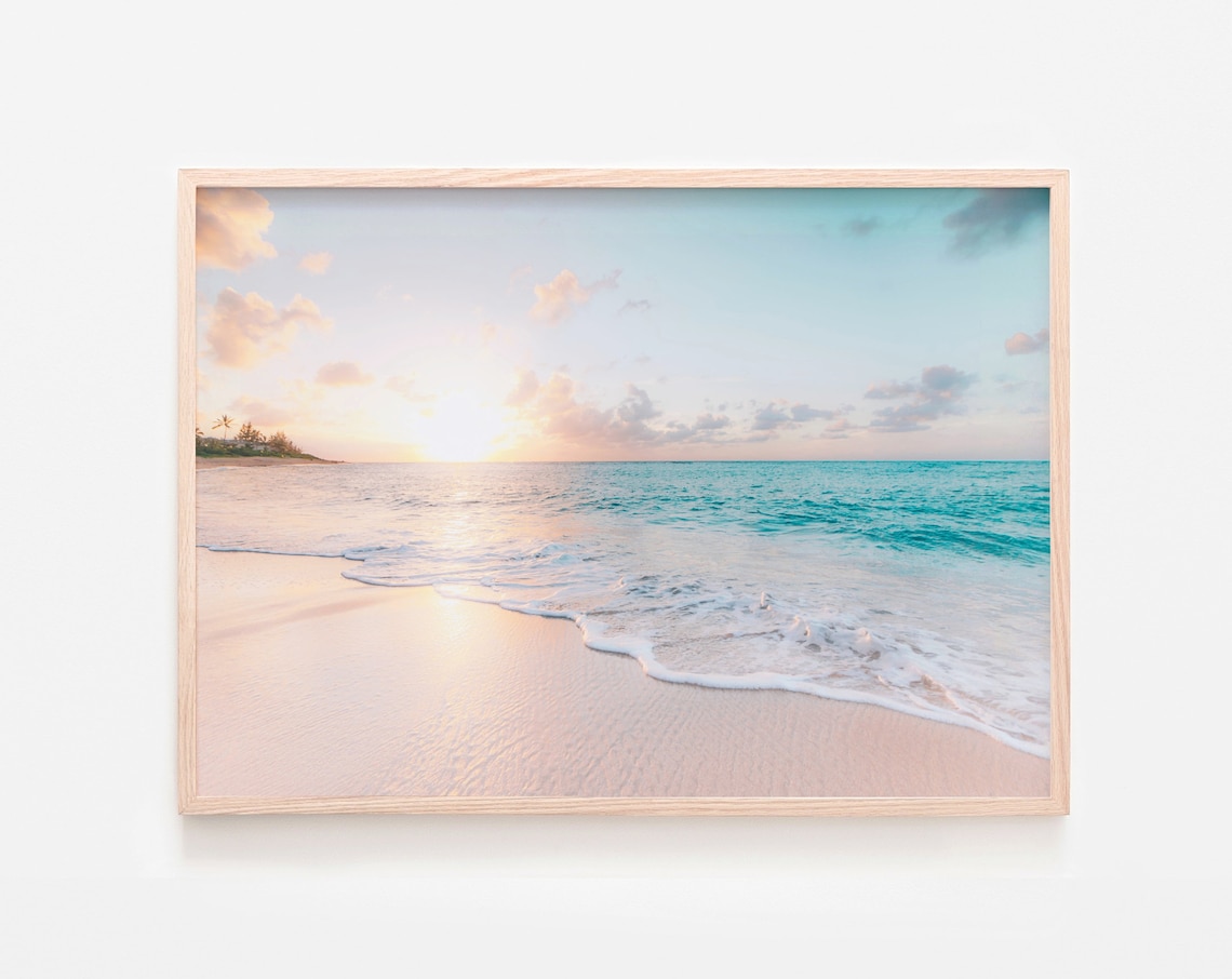 Pastel Beach Sunset, Turquoise Ocean Travel Poster