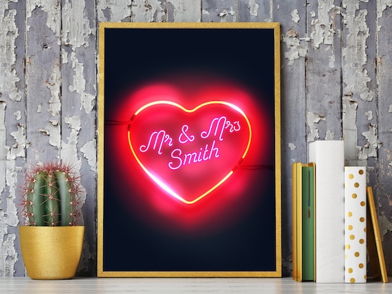Mr And Mrs Smith Script Red Neon Heart Wedding Decor Sign Poster