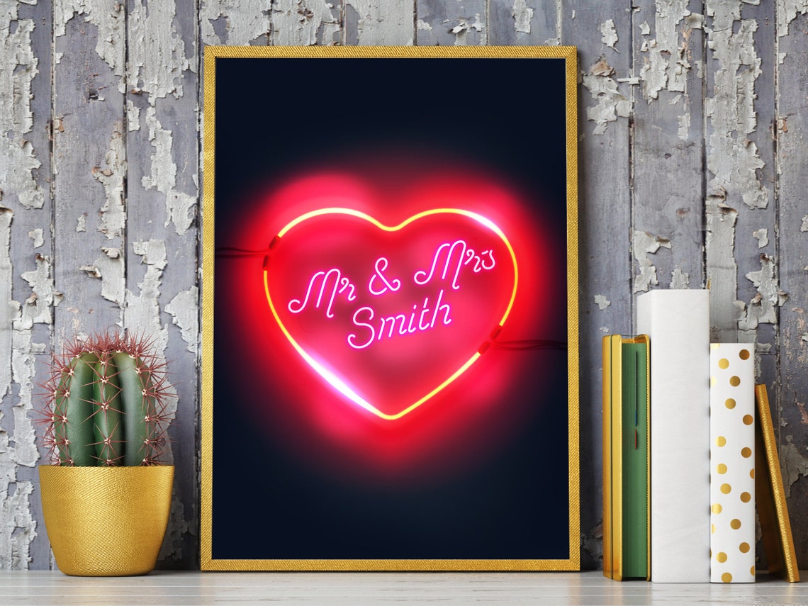 Mr And Mrs Smith Script Red Neon Heart Wedding Decor Sign Poster