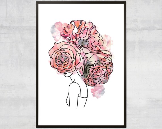 Line Art Woman With Watercolor Rose Hair Floral Portrait Poster