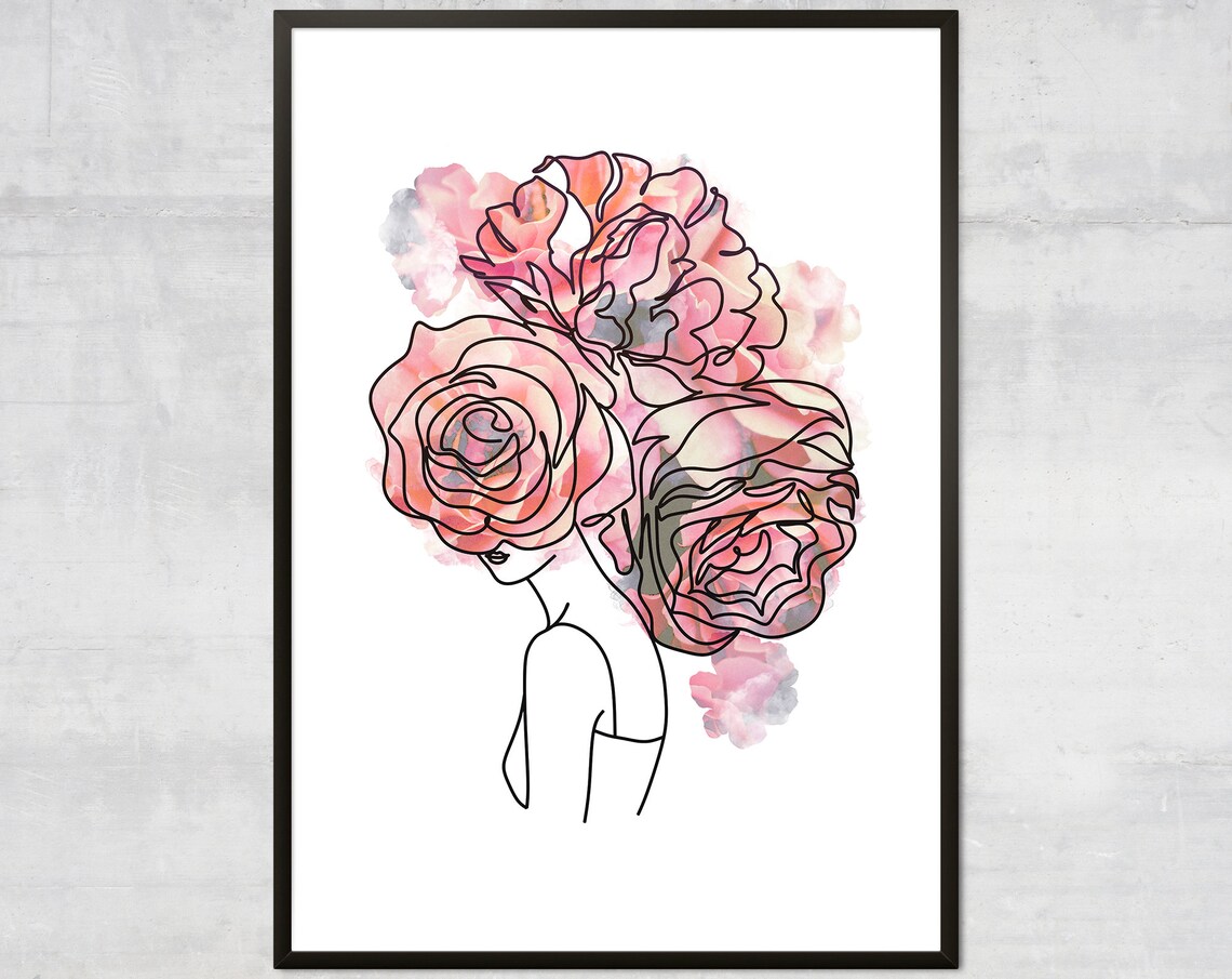 Line Art Woman With Watercolor Rose Hair Floral Portrait Poster