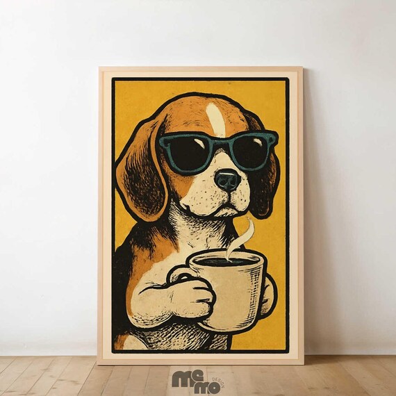 Beagle Drinking Coffee, Vintage Dog Illustration