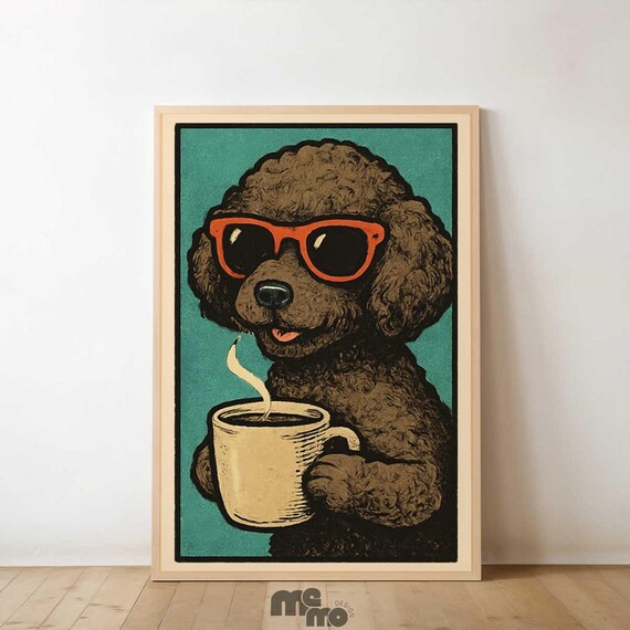 Poodle Coffee Drinking, Funny Vintage Dog Illustration