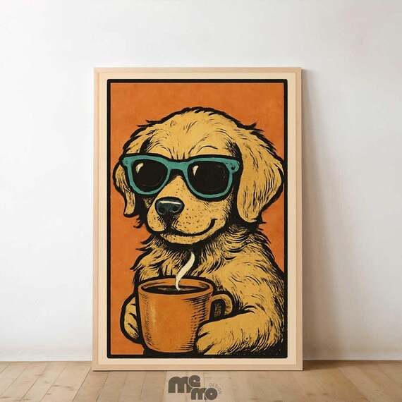 Golden Retriever Funny Coffee Drinking Dog, Vintage