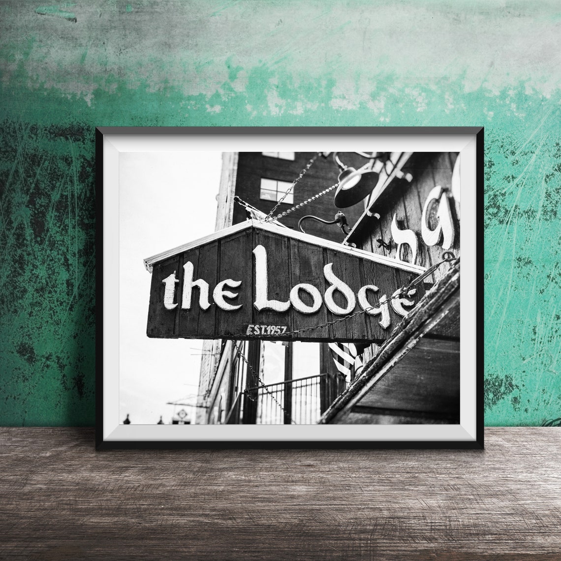 The Lodge Est 1957 Rustic Wooden Hanging Tavern Bar Sign Poster - Image 2