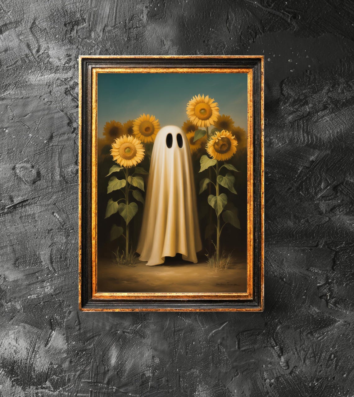 Cute Ghost Standing in a Sunflower Field at Dusk Halloween Poster