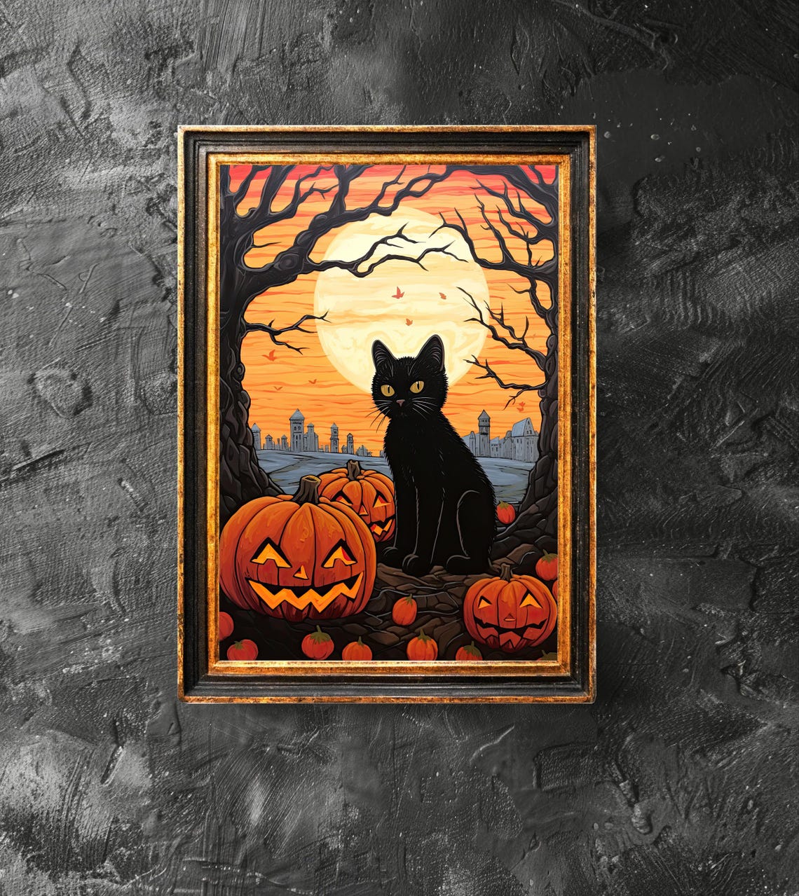 Black Cat With Pumpkin On A Headstone Art Lover Gift Vintage Halloween Decor