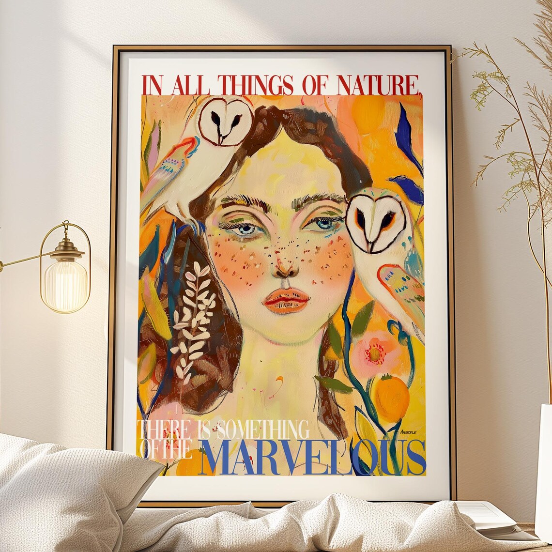 Aristotle Nature Quote Colorful Woman and Barn Owls Art Poster