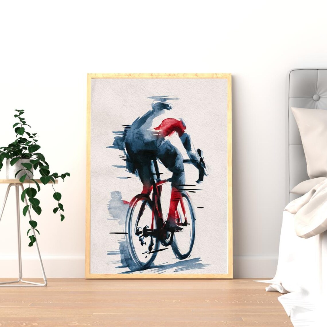 Watercolor Cyclist Racing Road Bike Blue Red Modern Sports Poster