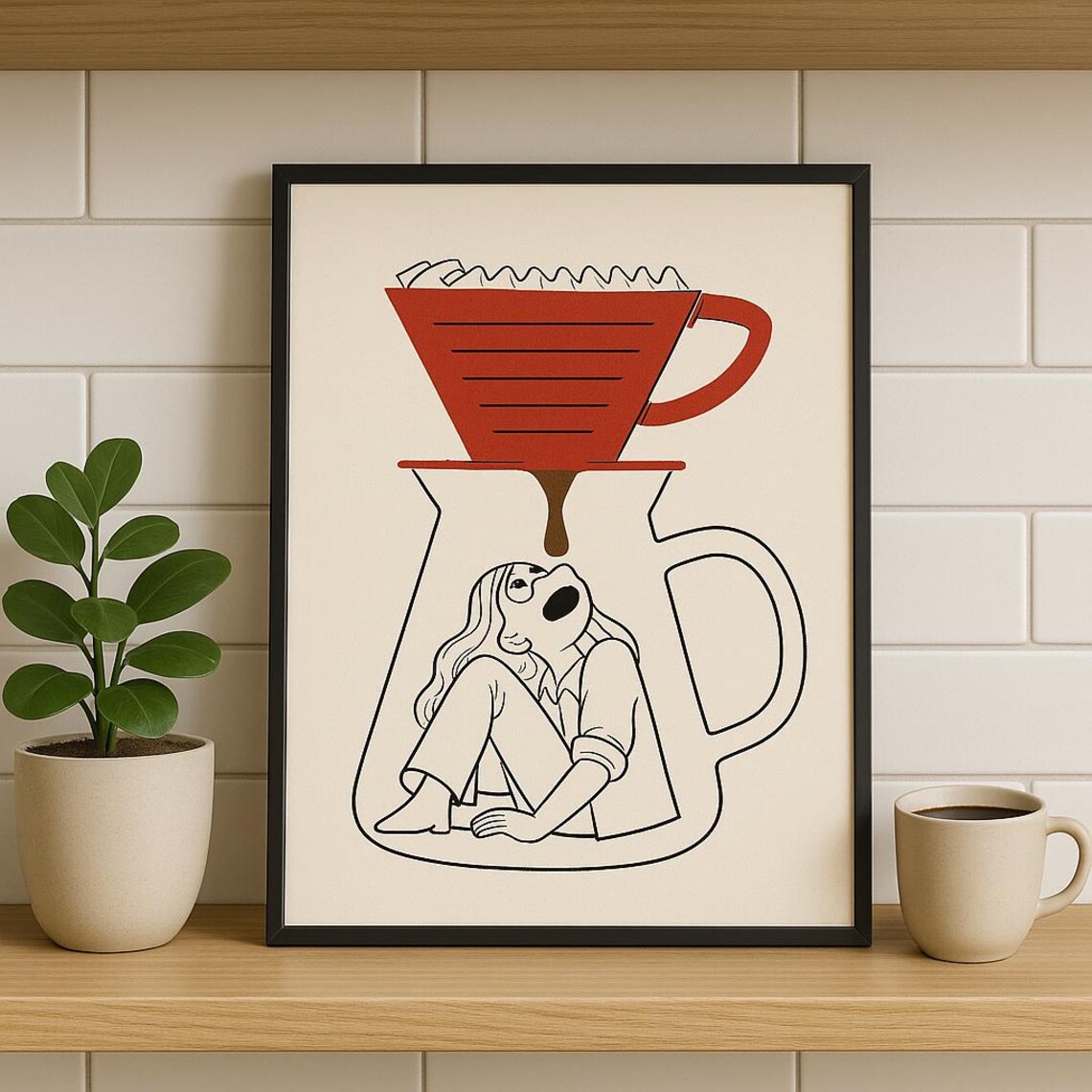 Funny Pour Over Coffee Dripper Girl in Carafe Minimalist Kitchen Poster