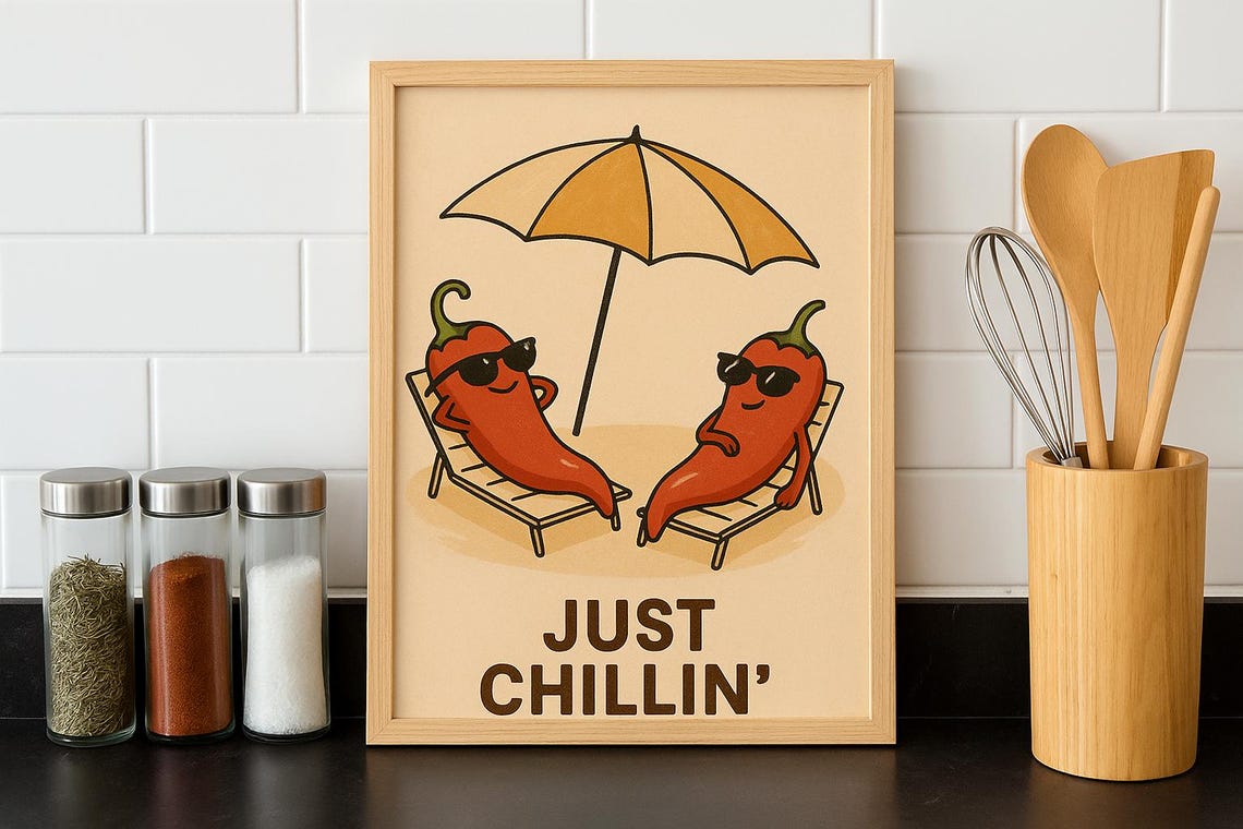 Just Chillin Funny Chili Peppers Beach Umbrella Kitchen Poster